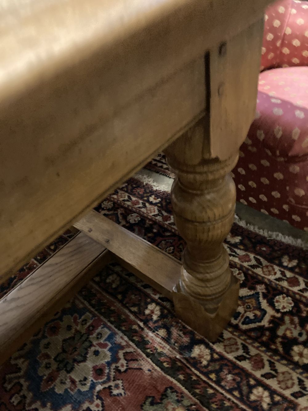 An 18th century style oak refectory dining table, 230 x 93cm height 77cm